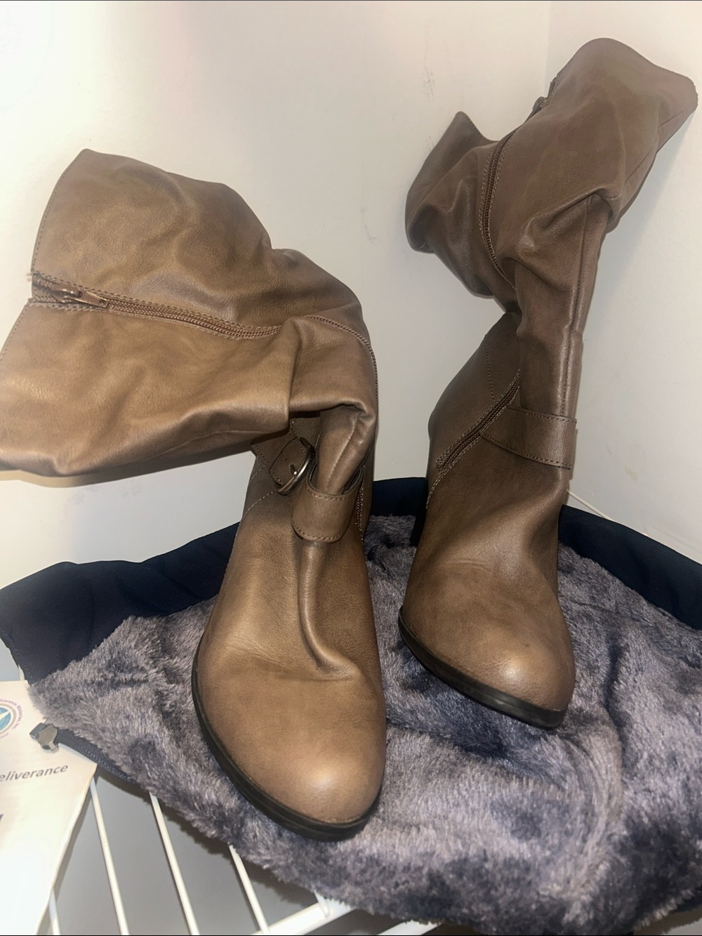 Brown Faux Leather Boots with Buckle Detail